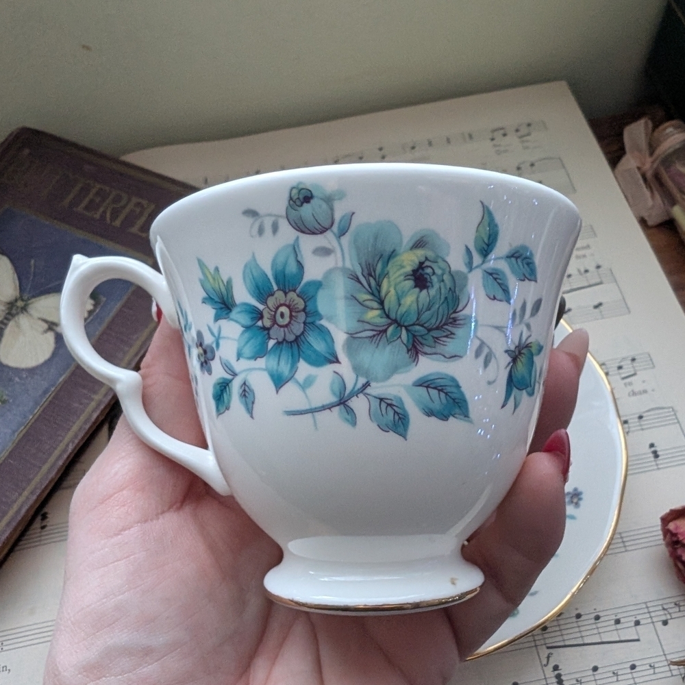 Queen Anne Blue Floral Teacup and Saucer Set with Gold Trim - Picture 6 of 10